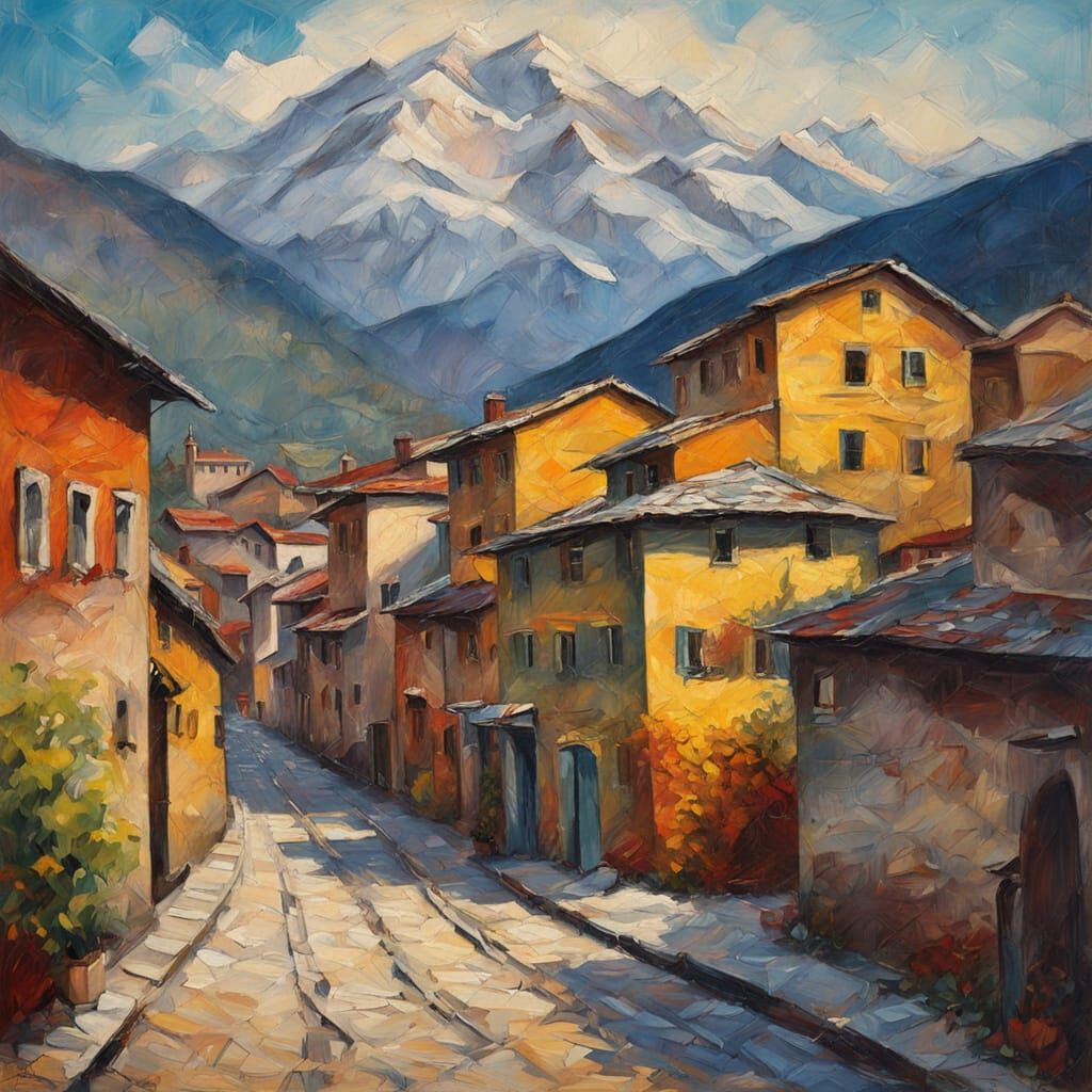 Vibrant Bansko Mountain Town in Expressive Oil Painting