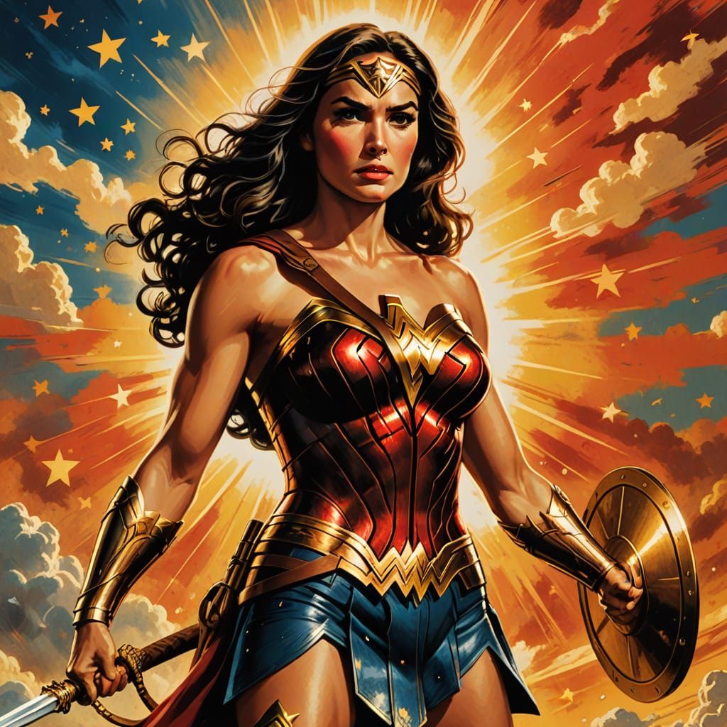 Vintage Wonder Woman Movie Poster in Retro Illustration Styl...