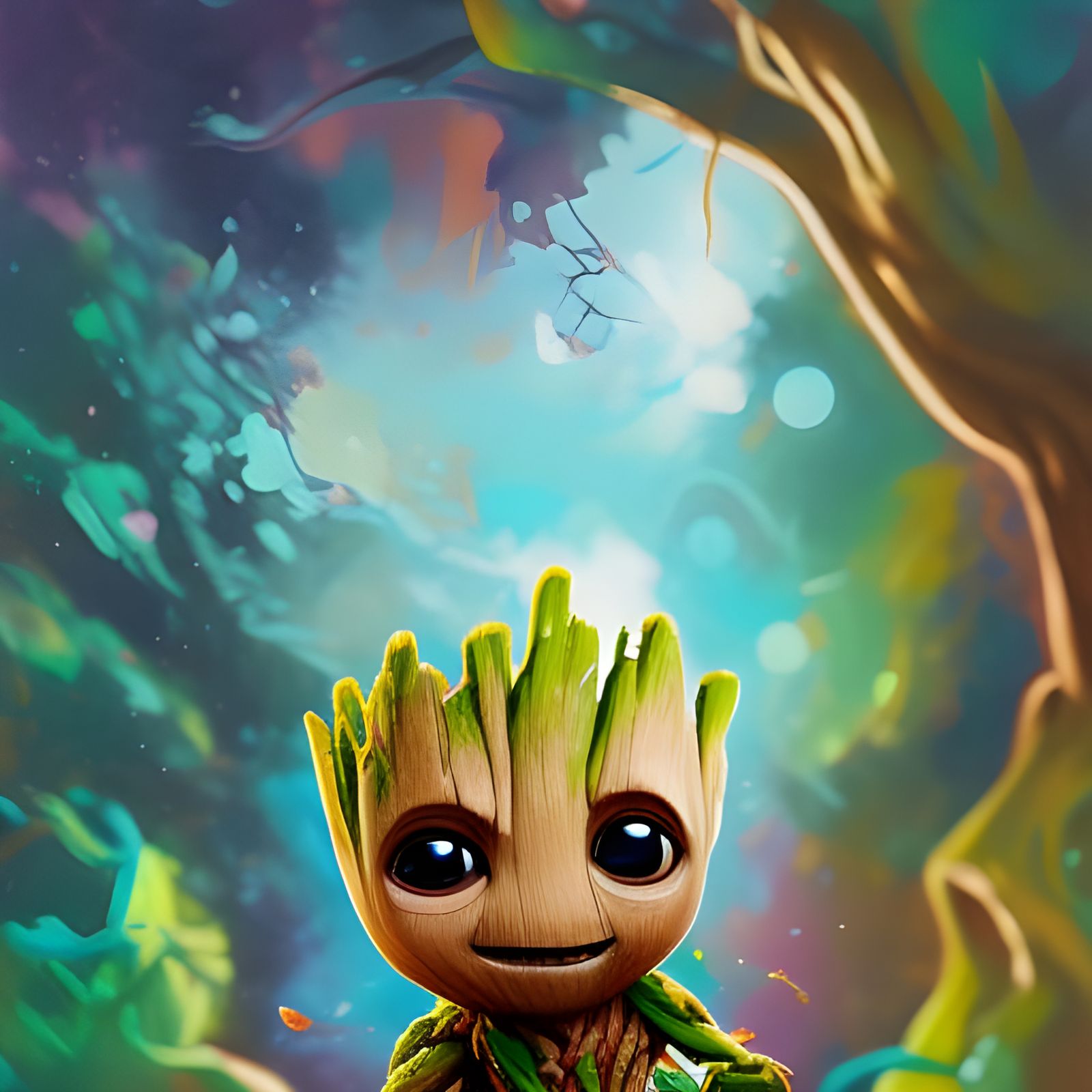 Sleepy Chibi Groot in Colorful Comic Book Style