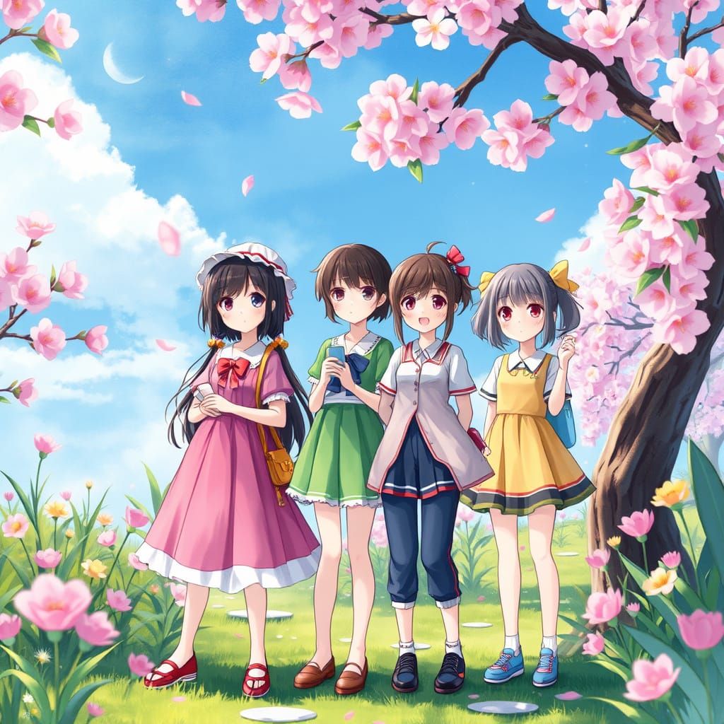Anime Characters in a Cherry Blossom Garden