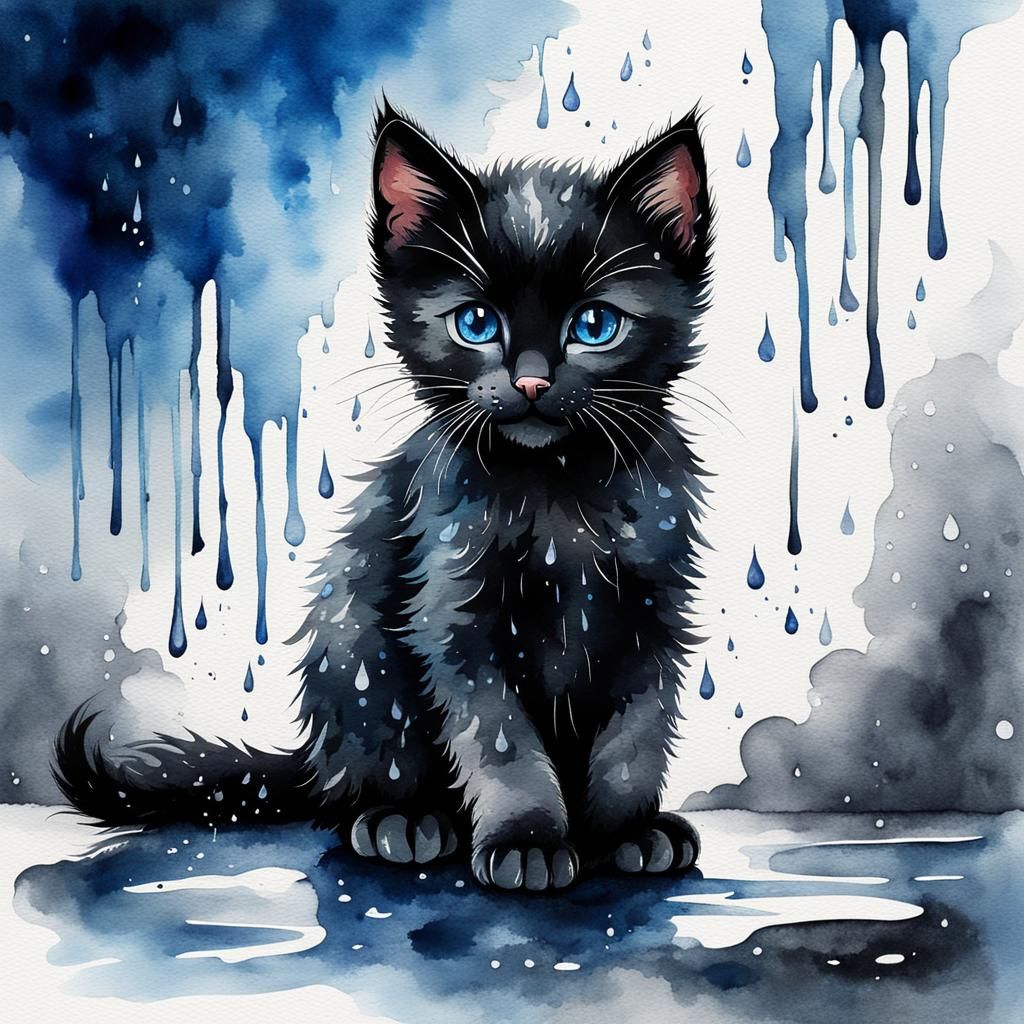 Crying Black Kitten in Rain, Watercolor Painting