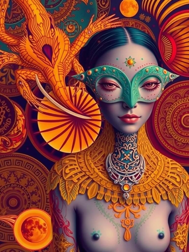 Lizard Woman with Sun, Moon and Mushroom in Ornate Style