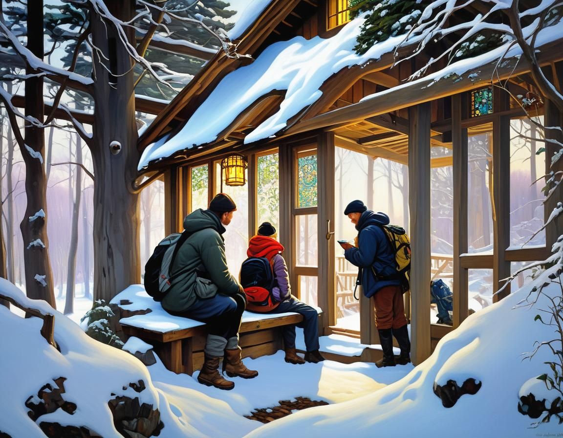 Hikers' Gratitude After Snowstorm, in Art Nouveau Style