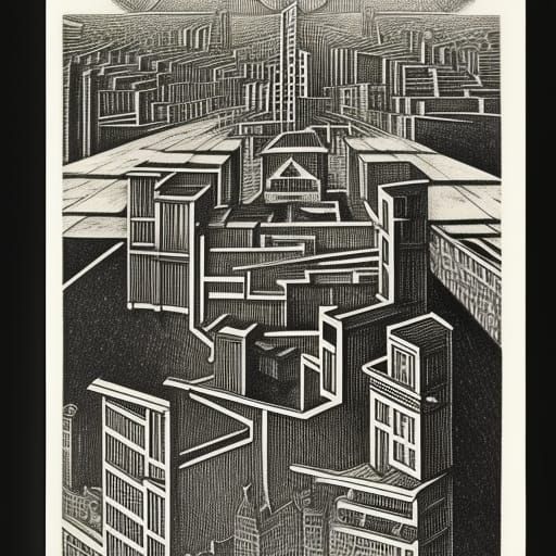 Apple Metropolis: Vintage Illustration in Escher Style
