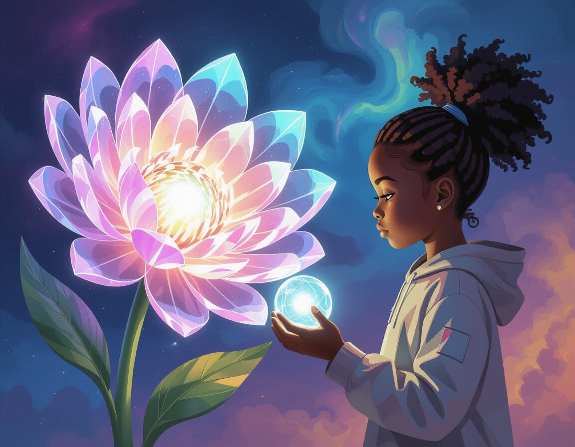 Girl Channels Energy to Crystalline Flower in Nebula