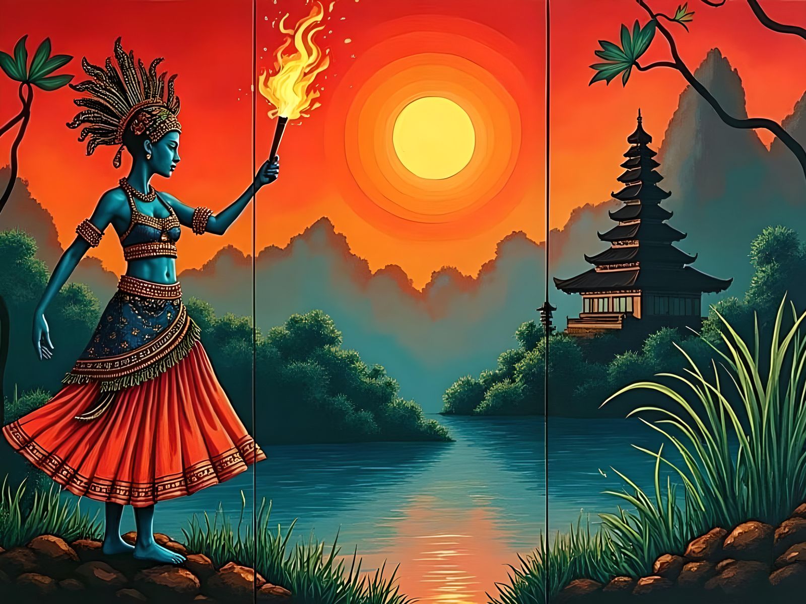 Balinese Dancer with Fiery Torchlight: Surreal Batik Triptyc...