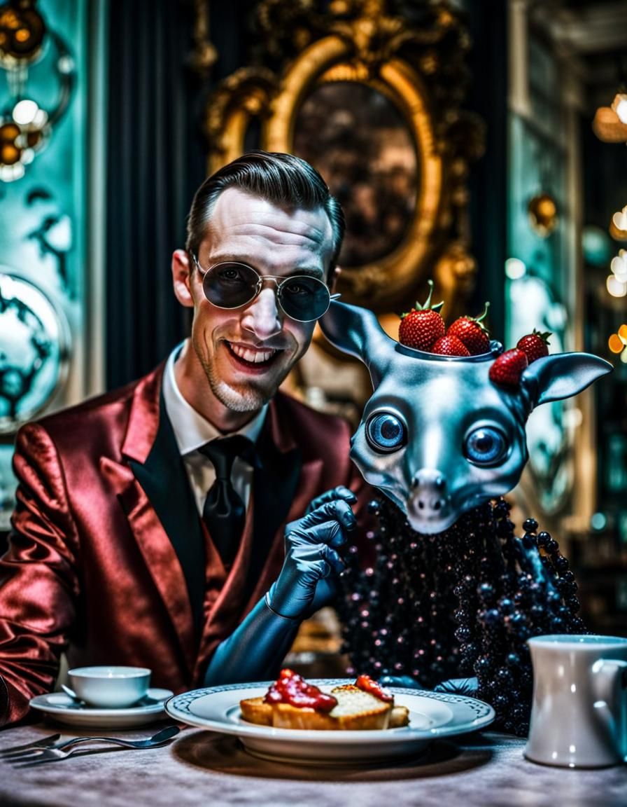 Surreal Alien Restaurant Celebration in Dreamy Light