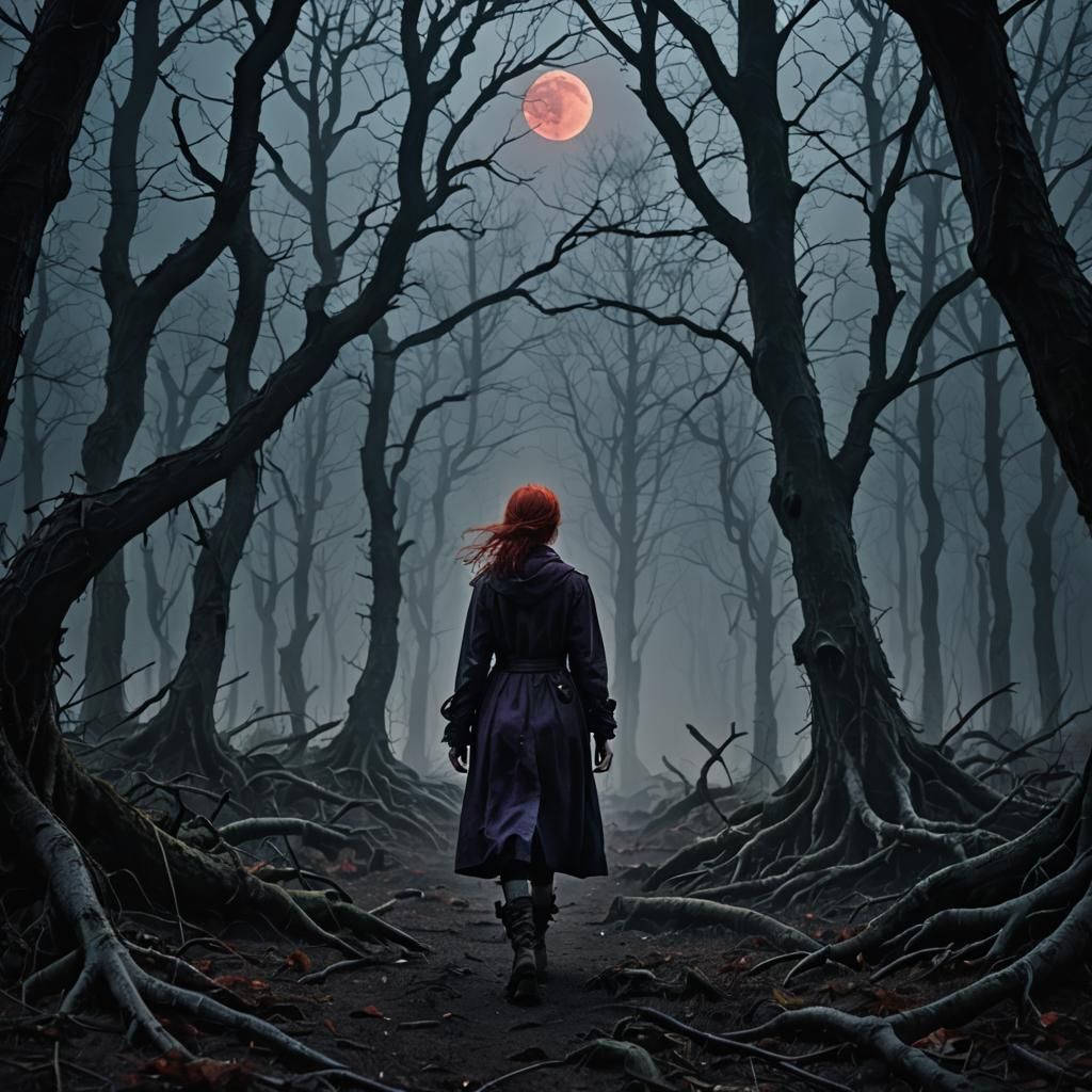 Eerie Redhead in Misty Dark Fantasy Forest