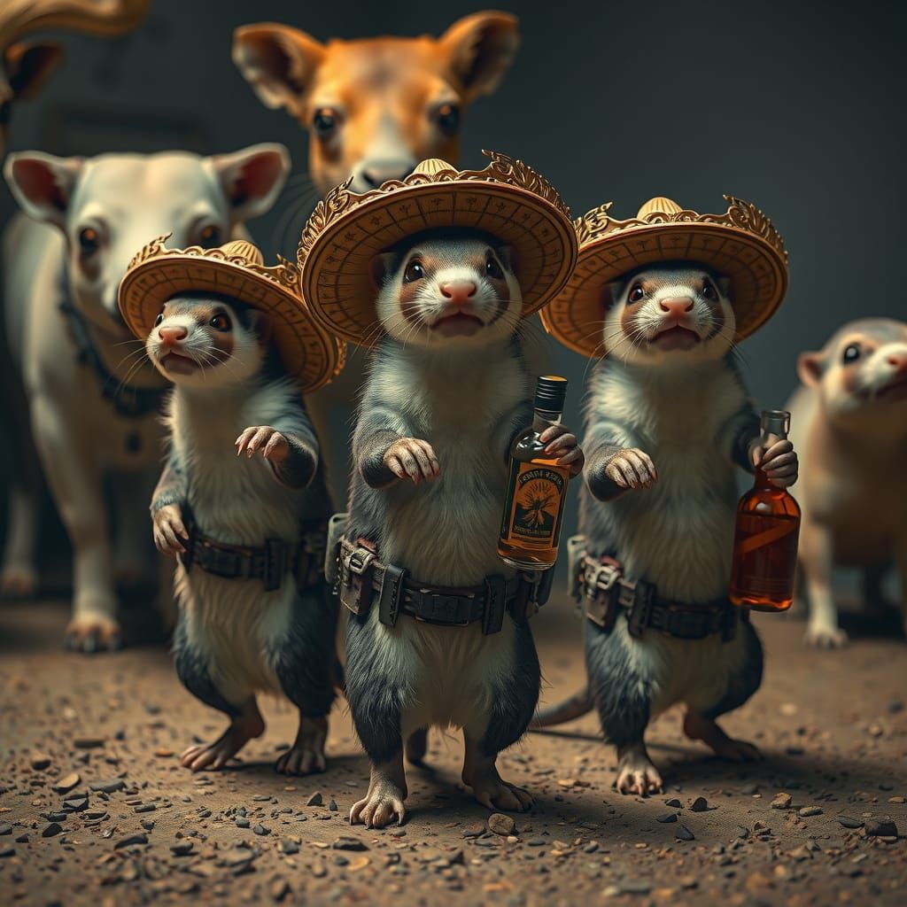 Ferrets as Banditos in Hyperrealistic Scene