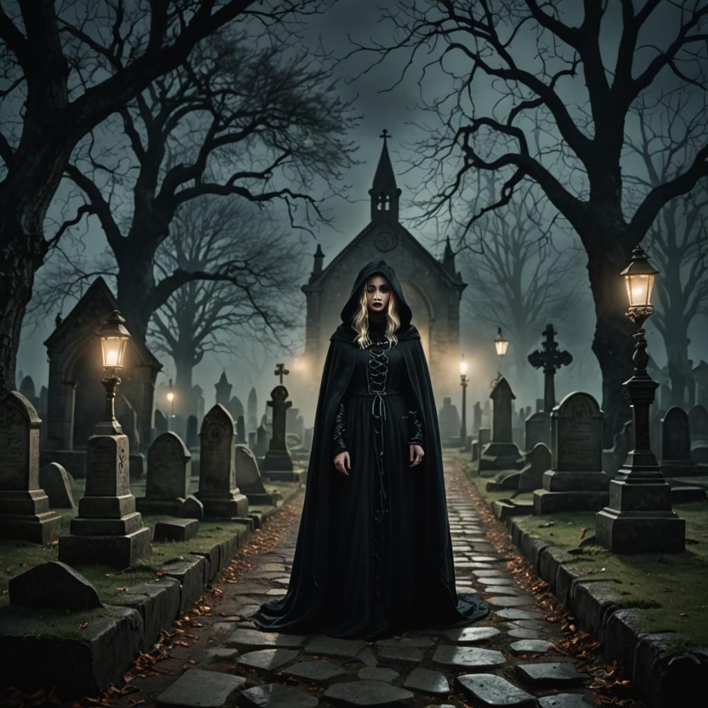 Gothic Woman in Misty Graveyard Illustration