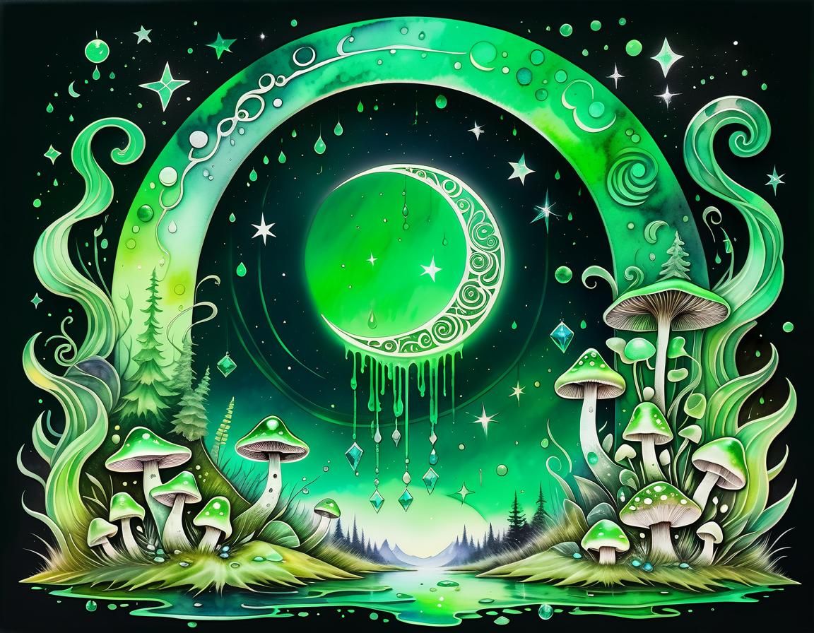 Pastel Goth Crescent Moon Watercolor With Runes