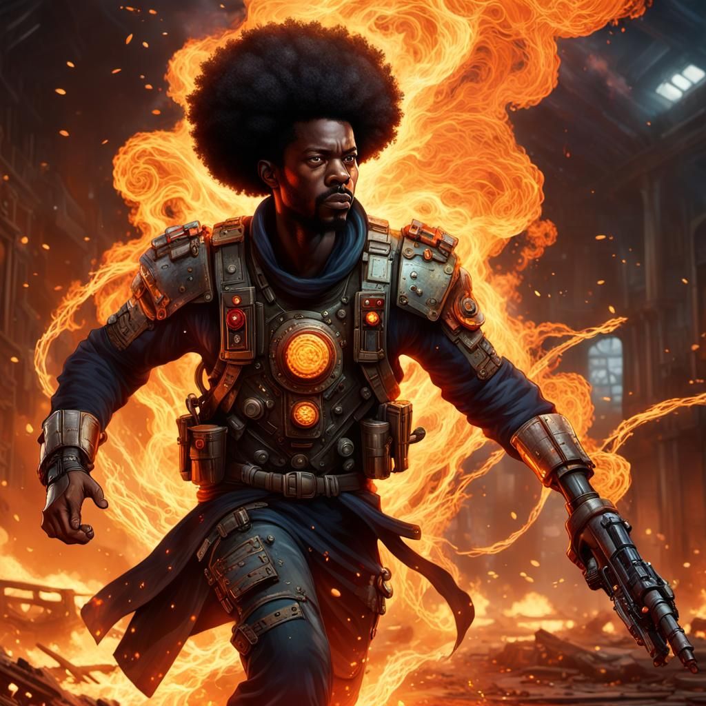 A fiery portrait of an Afro-descendant hero strides from a b...