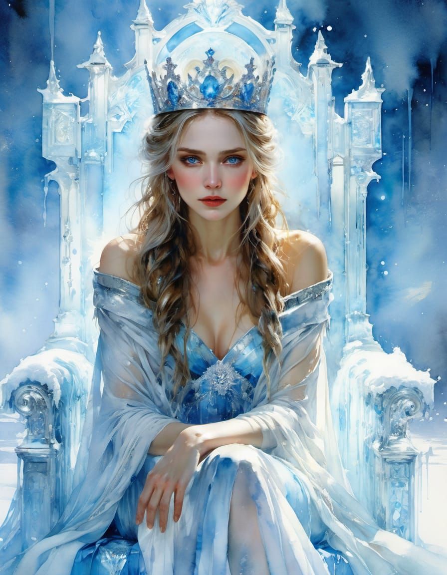 Winter Queen on Ice Throne in Dramatic Watercolor Style