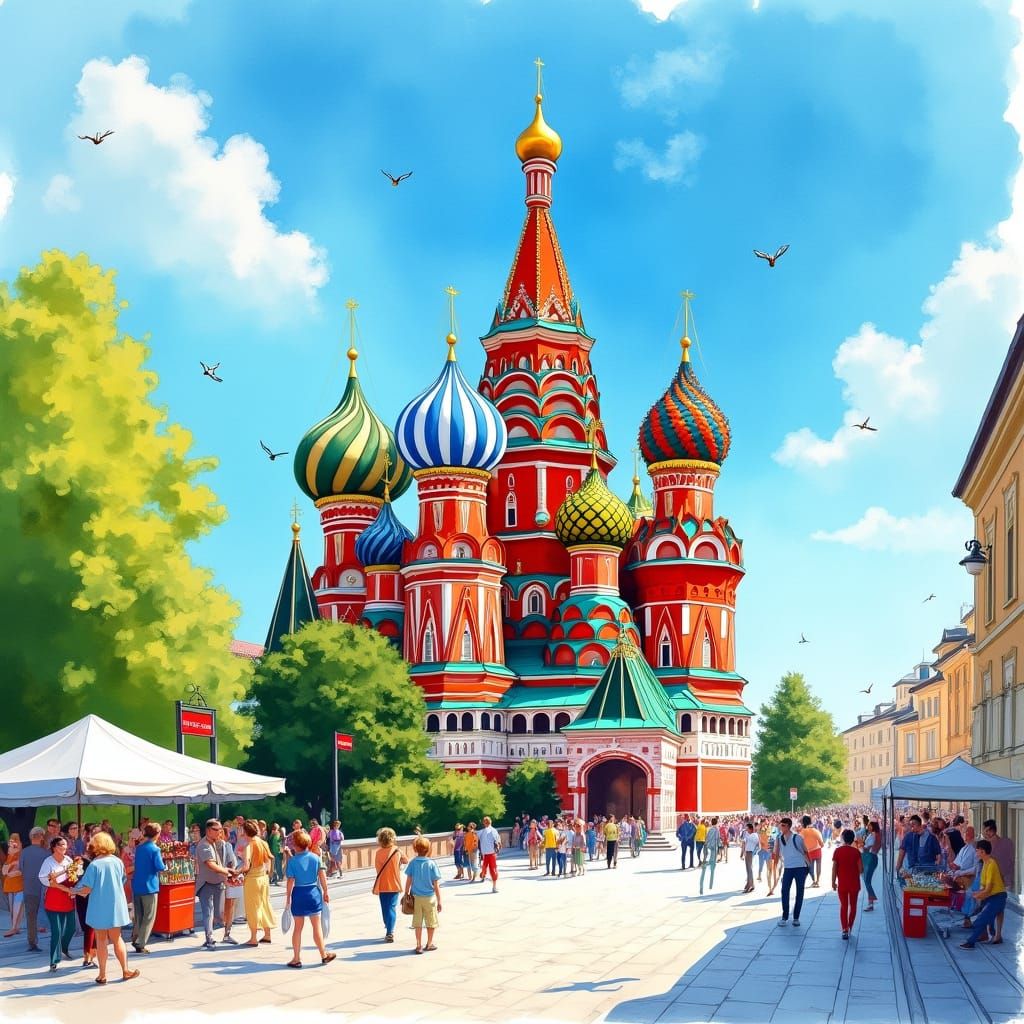 Whimsical St. Basil's Cathedral in Moscow's Sunny Springtime