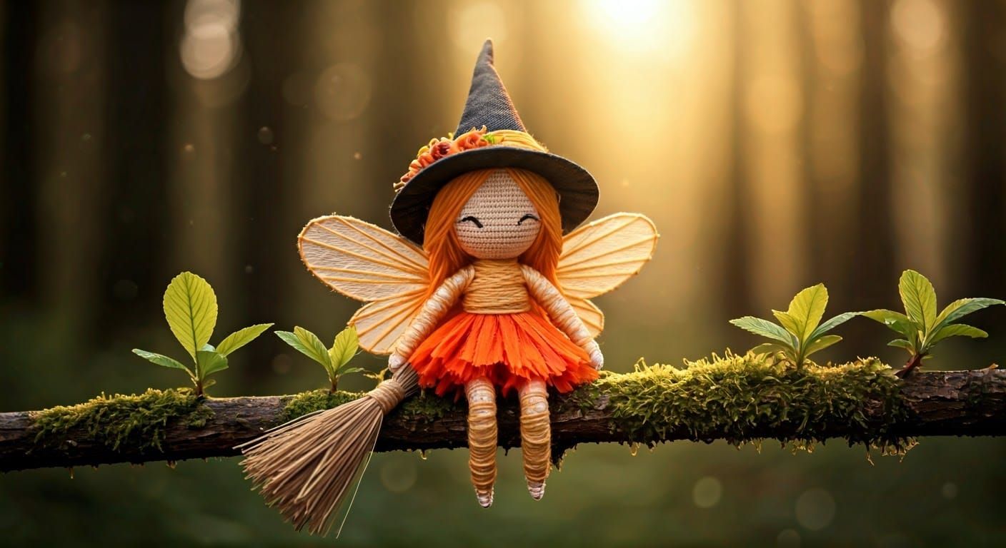 String Witch on Flowering Branch in Soft Mist