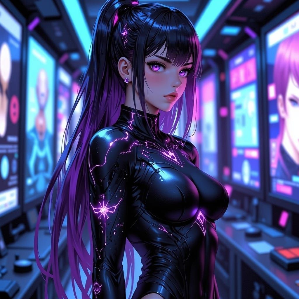 Mysterious Anime Woman in Futuristic Lab