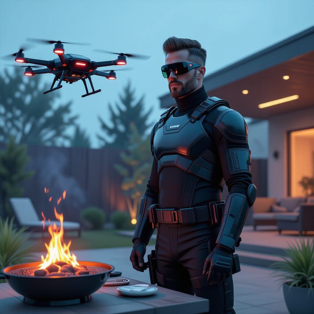 Futuristic Dad with Cyber Toolbelt and BBQ Drone