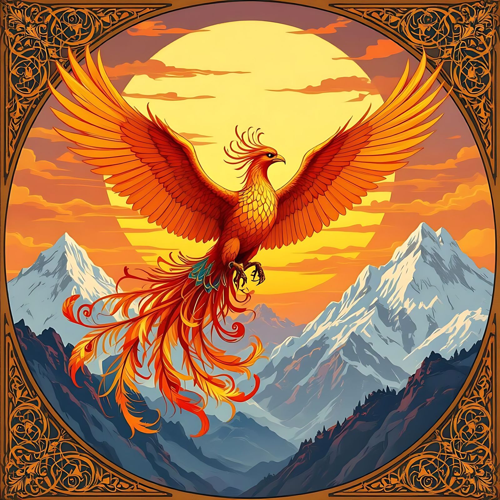 Phoenix Soars Over Himalayas in Art Nouveau Style