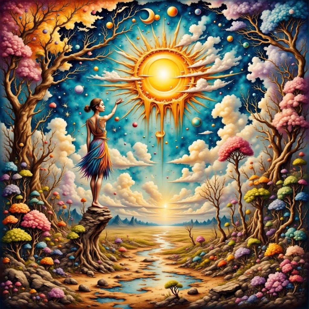 Surreal Figure Rises Toward Melting Sun in Dreamlike Landsca...