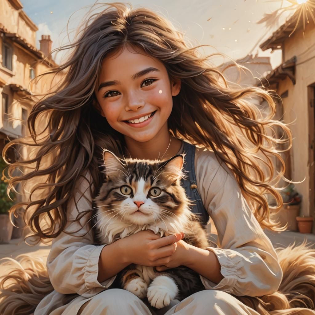 Girl with Cat in Whimsical Pixar Style