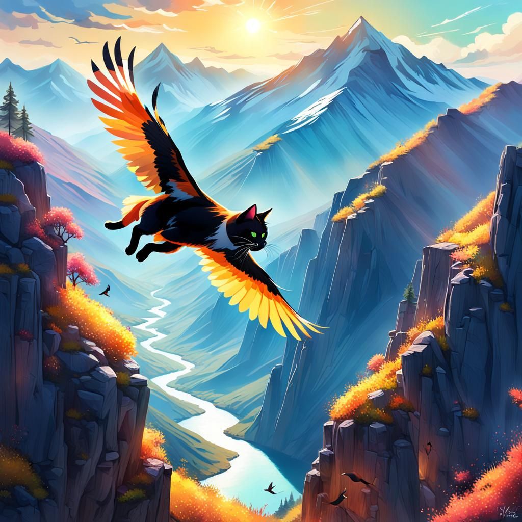 Cat Walking on Mountain Ridge with Vivid Colors