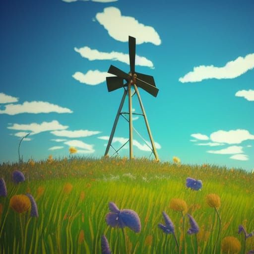 Ghibli-Style Fantasy Windmill in Flower Meadow