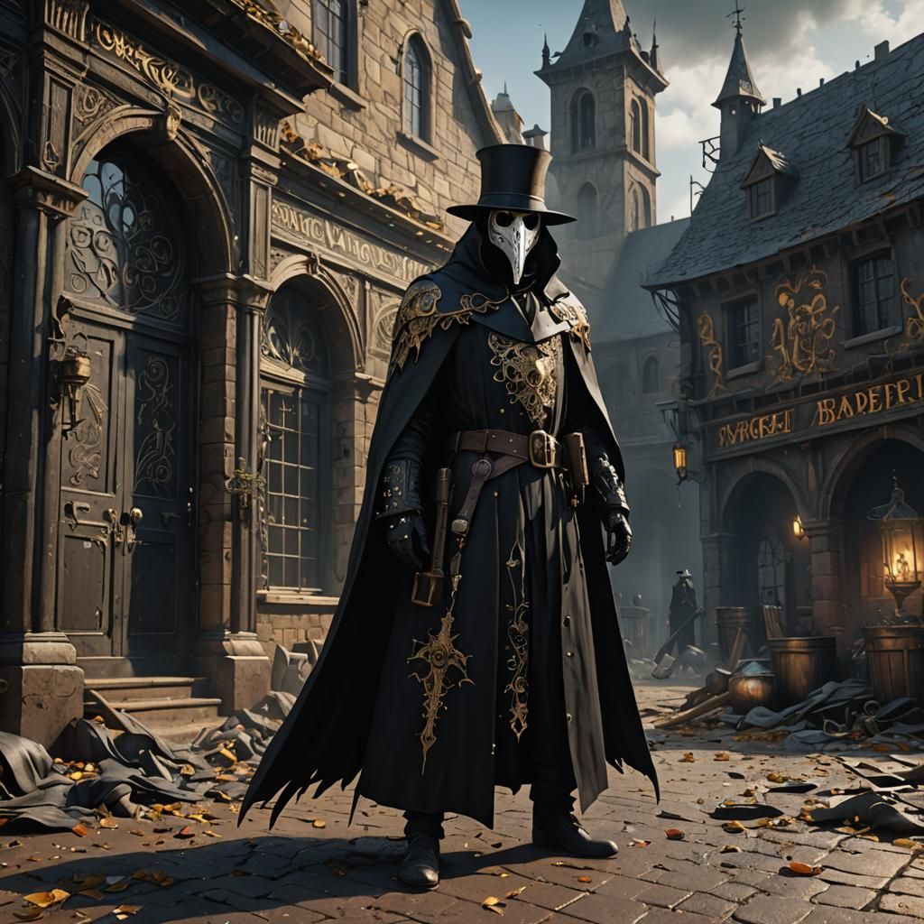 Plague Doctor in Embroidered Mask, Detailed Matte Painting