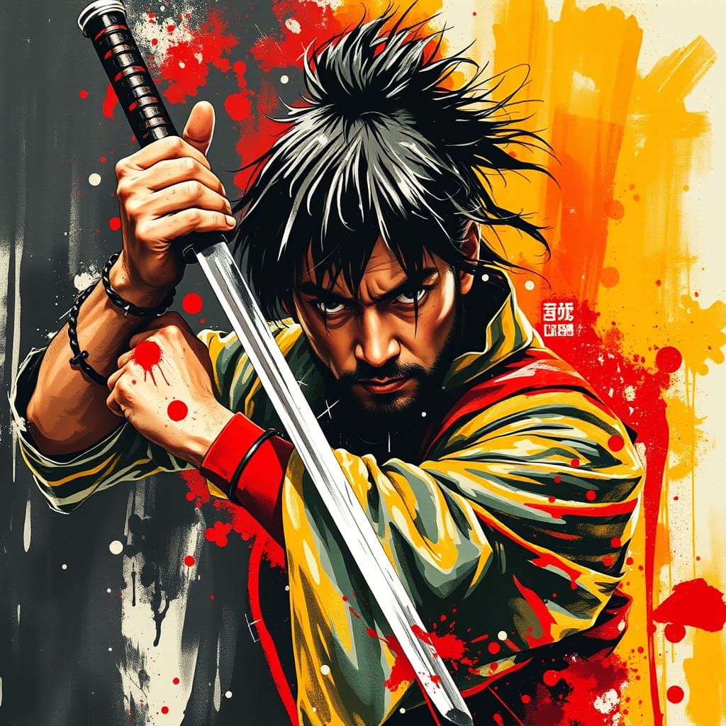 Dramatic Swordsman in Dynamic Movement, Ink Drip Painting St...