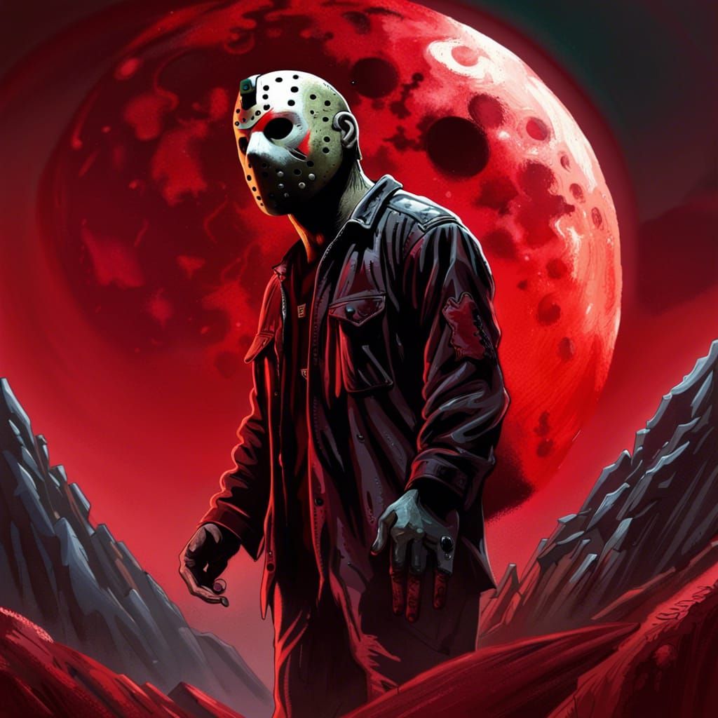 Jason Voorhees Observes Red Moon, Hyperrealistic Splash Art