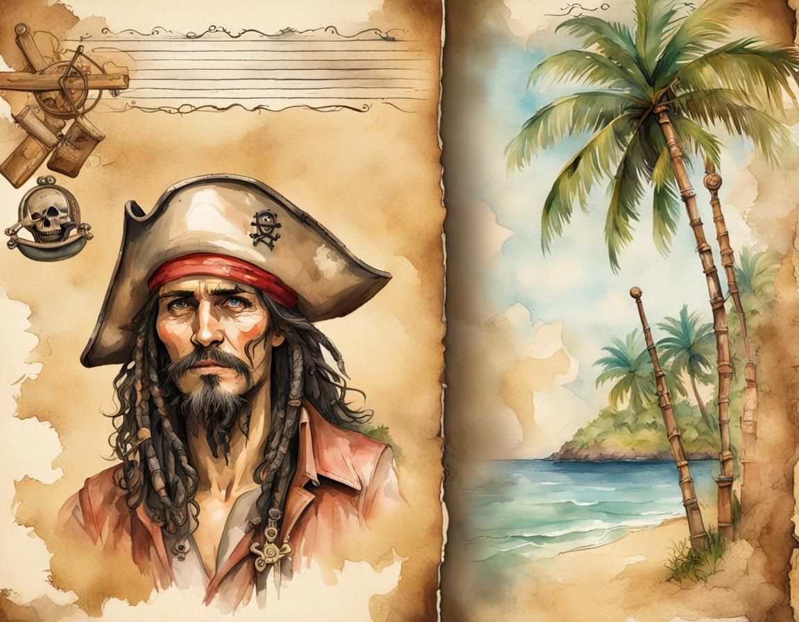 Pirate Portrait on Aged Parchment in Watercolor Style