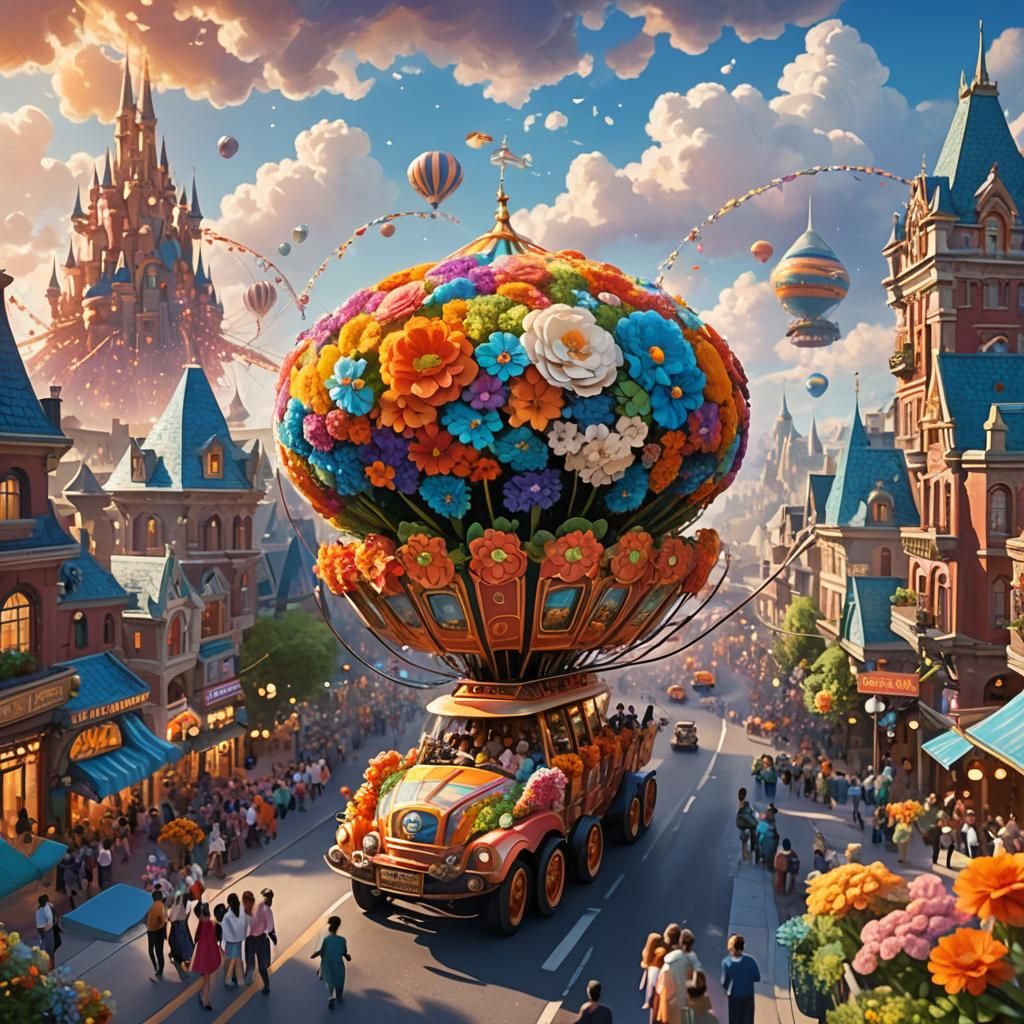 Futuristic Floral Parade Float in Vibrant Cityscape