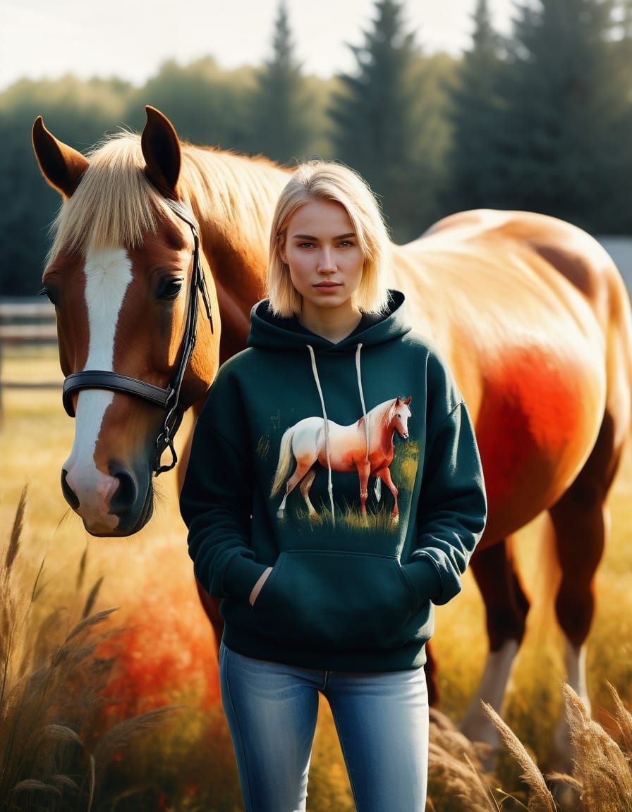 Girl with Red Horse: Watercolor Sfumato Portrait