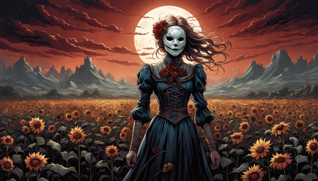 Ethereal Scarecrow Over Withered Sunflowers