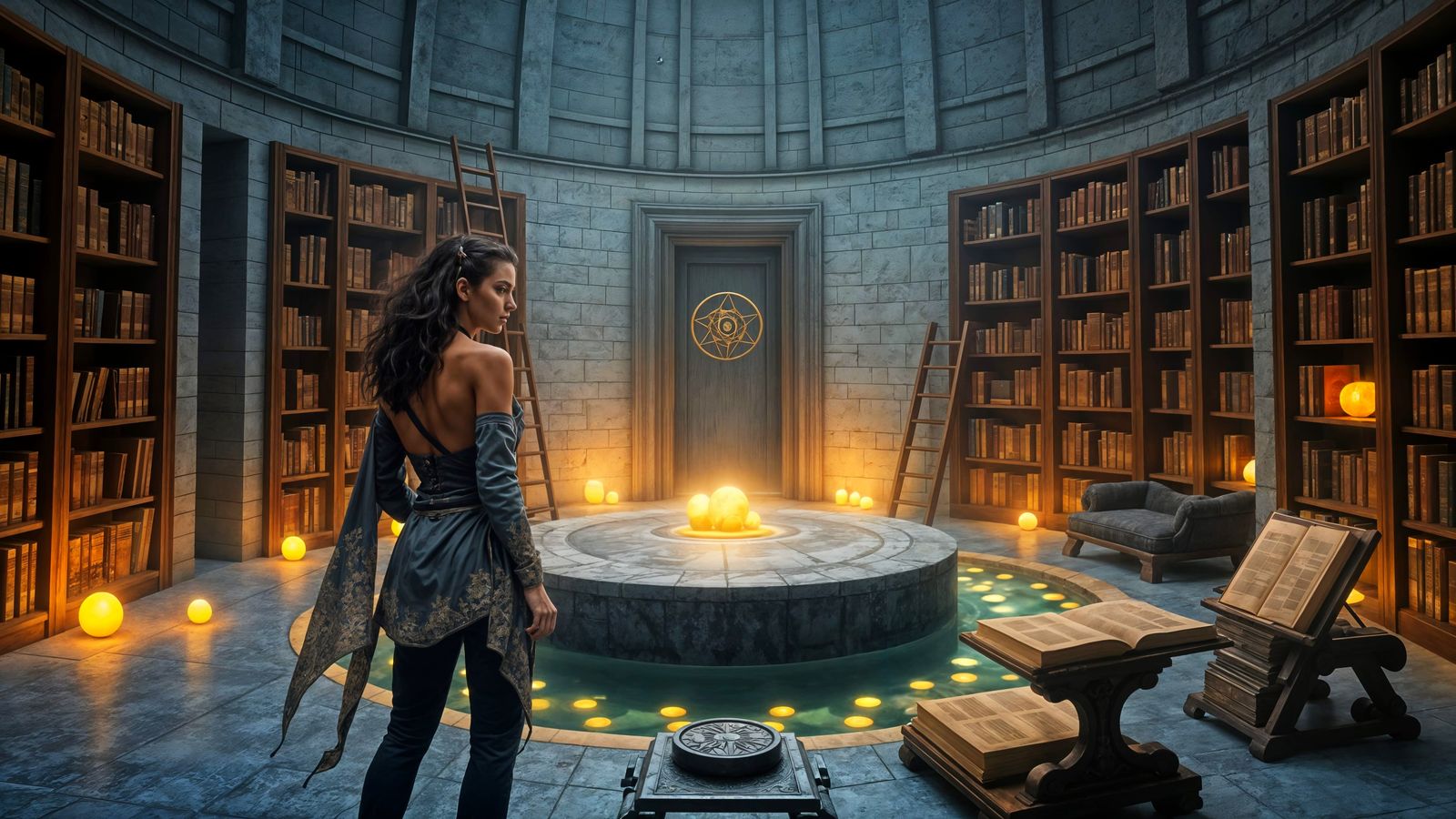 Magical Library with Figures, Dark Fantasy Concept Art
