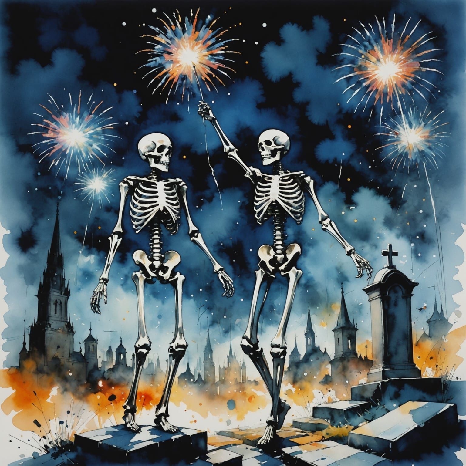 Skeletons Dancing Amidst Fireworks Over Graves