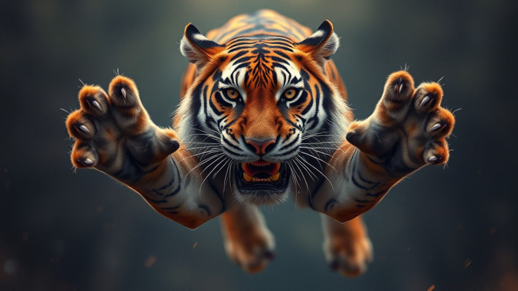 Leaping Bengal Tiger Growling in Twilight Light