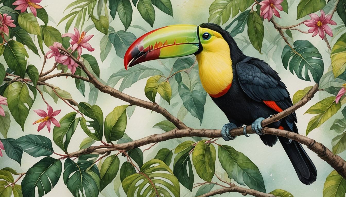Colorful Toucan Close-Up as Watercolor Painting