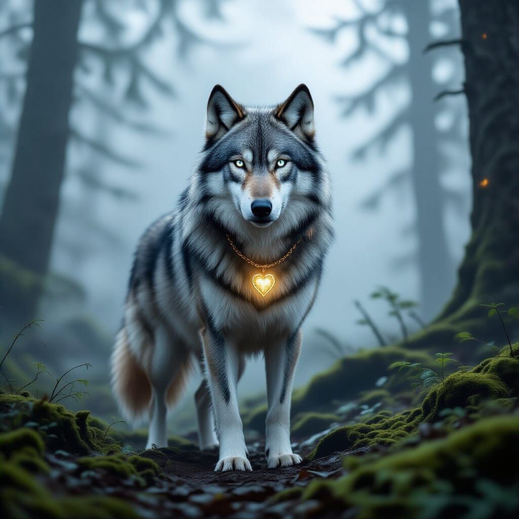 Majestic Shadow Wolf in Misty Forest, Gouache Style