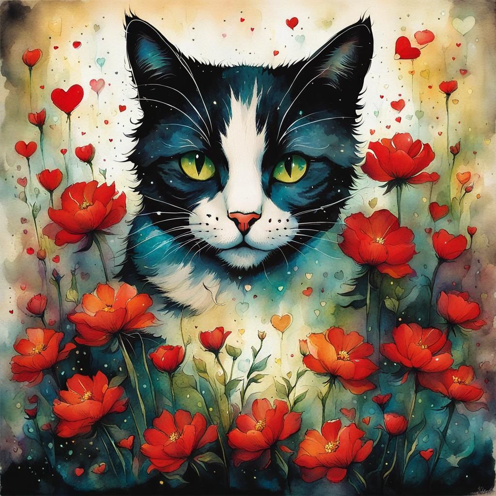 Cute Cat with Flowers in Dark Comic Art