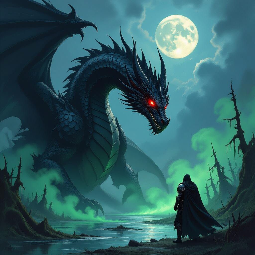 Black Dragon Observes Dark Paladin in Ominous Swamp
