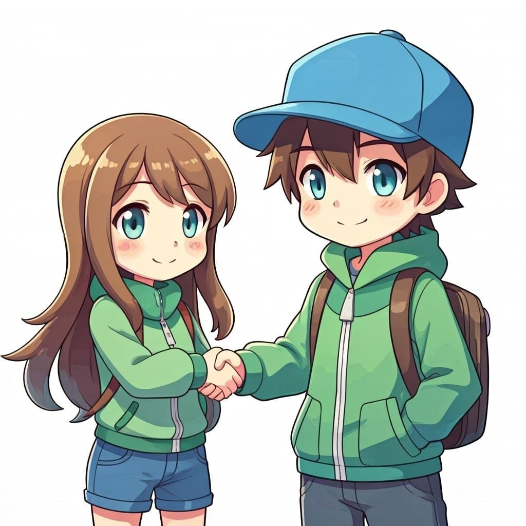 Chibi Siblings Share Joyful Handshake in Kawaii Style