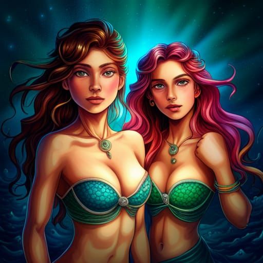Vibrant Mermaids in Astral Cosmic Illustration