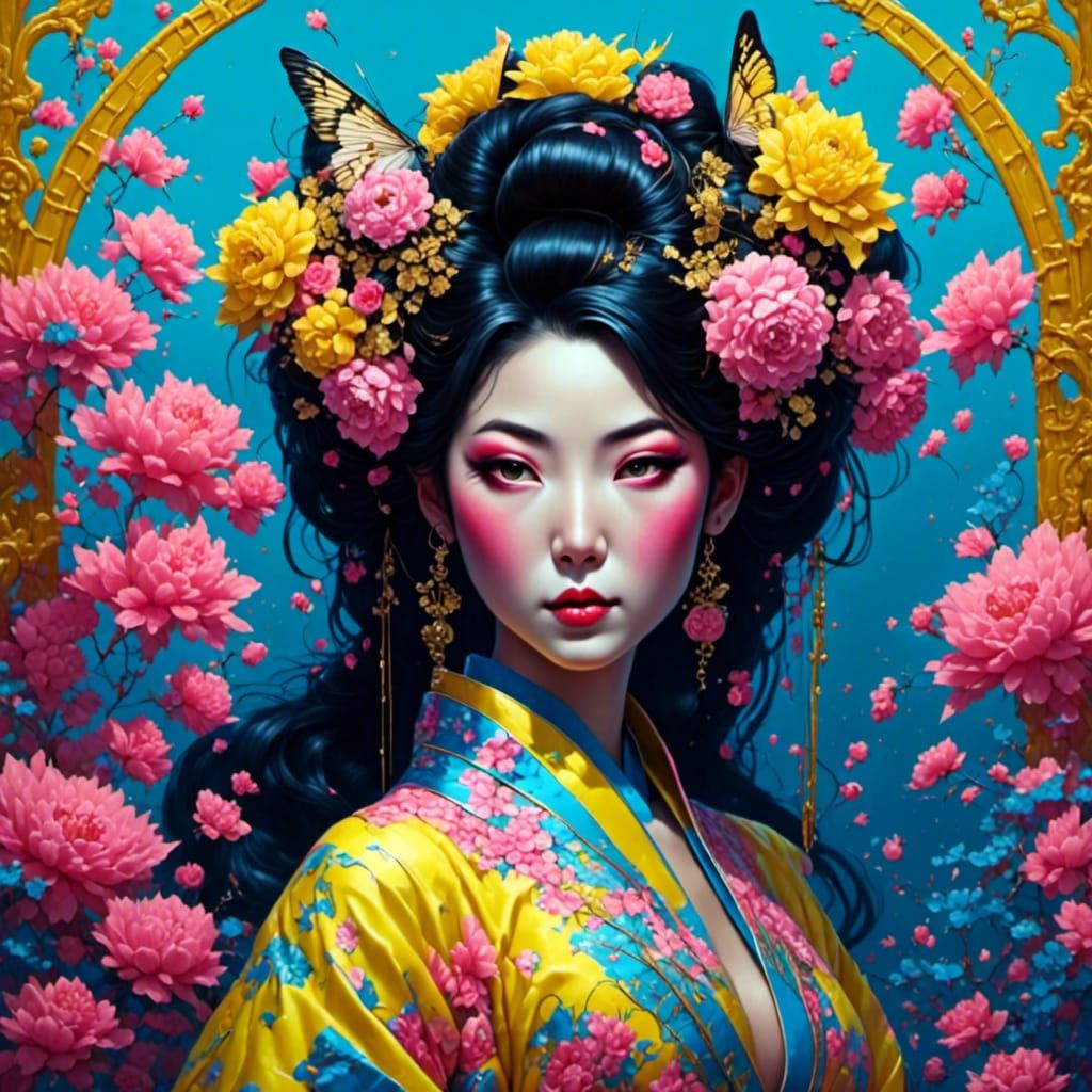 Geisha in a Neon Eighties Style Zen Garden