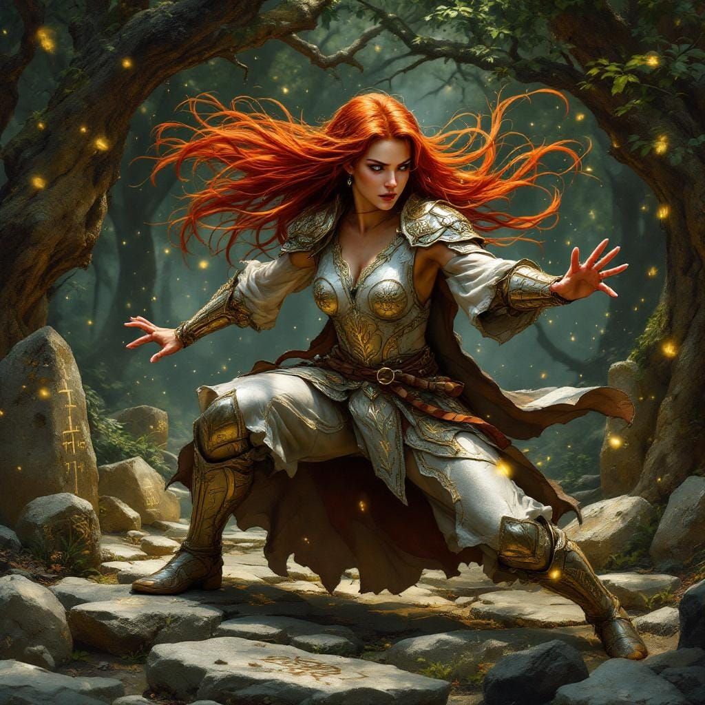 Elven Warrior Practicing Kata in Forest Glade