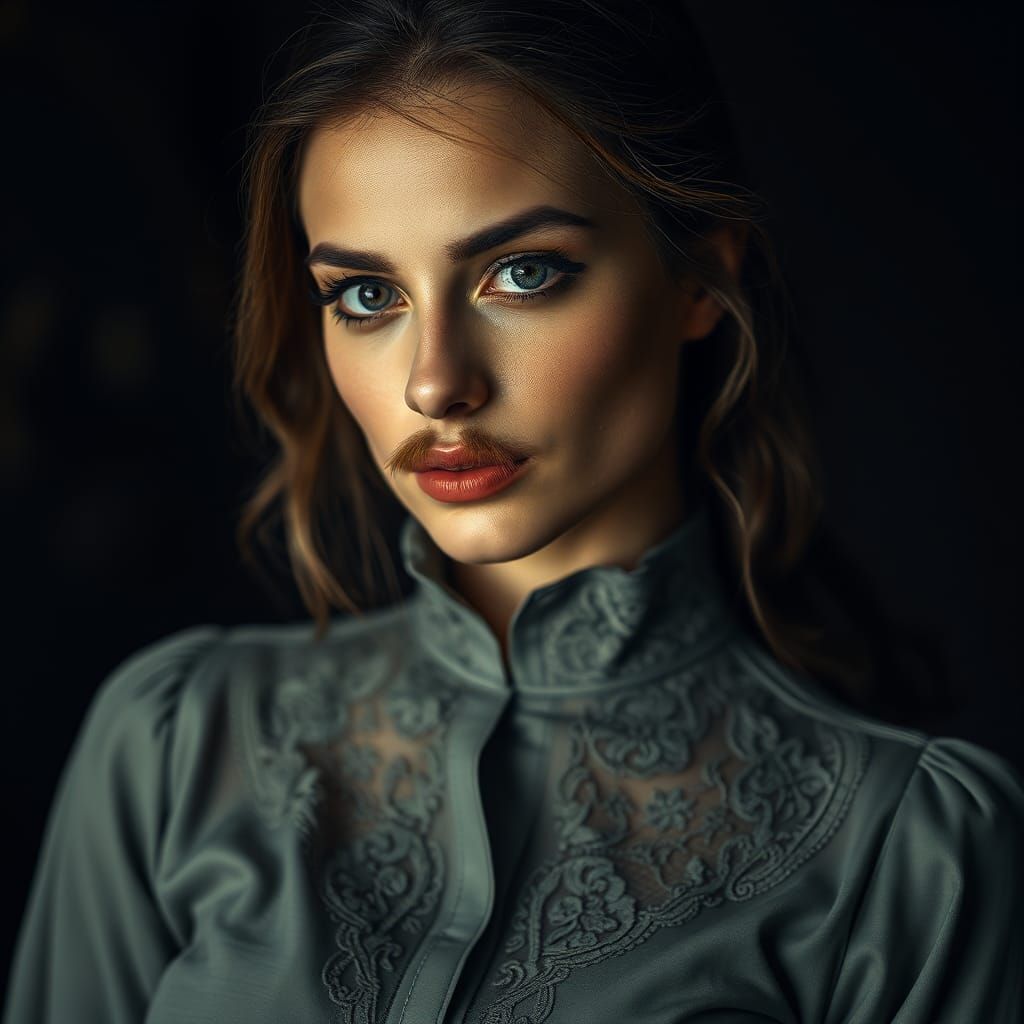 Elegant Woman with Moustache in Moody Lighting
