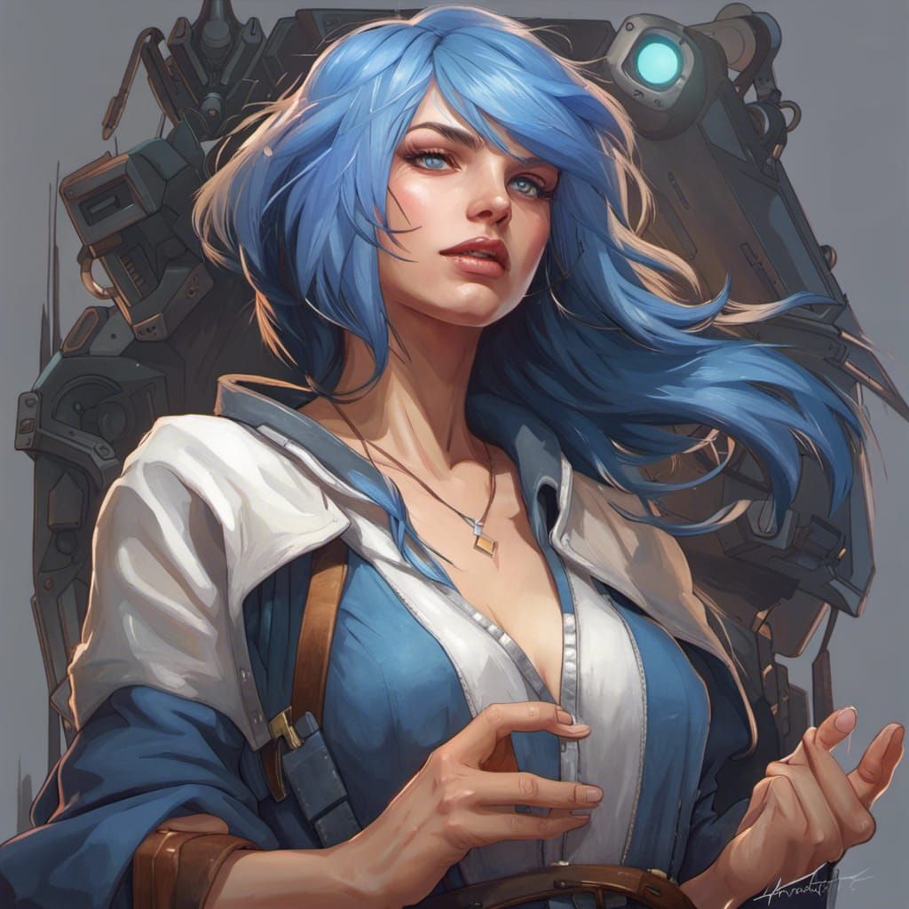 Blue-Haired Gamer Girl, Hyperdetailed Digital Portrait