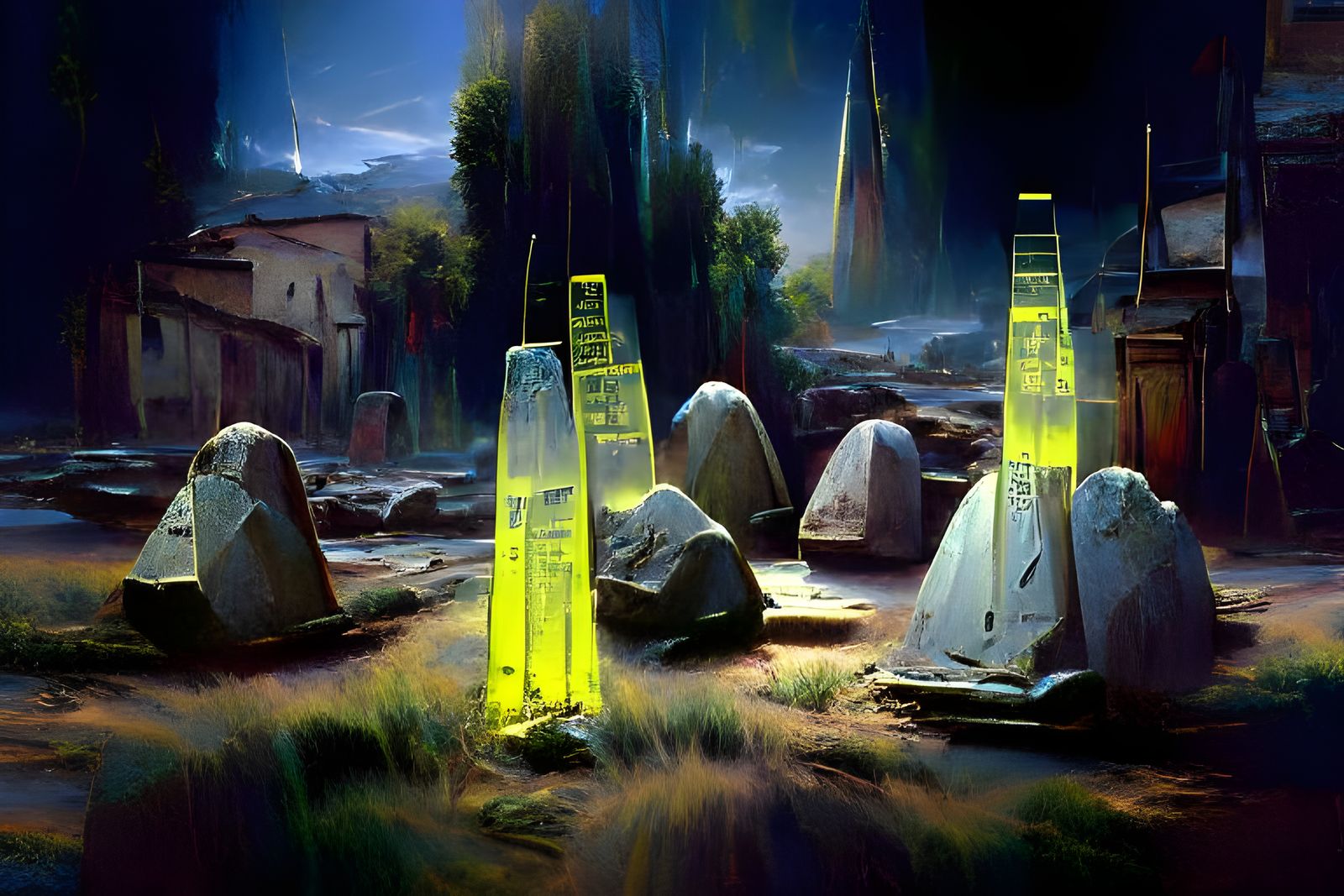 Ancient Obelisks in Hyperrealistic Film Noir Style