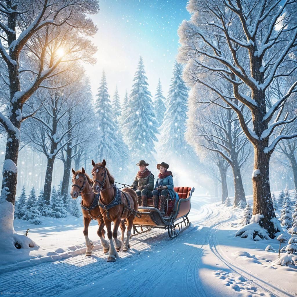 Winter Sleigh Ride Through Snowy Forest: 3D Digital Art