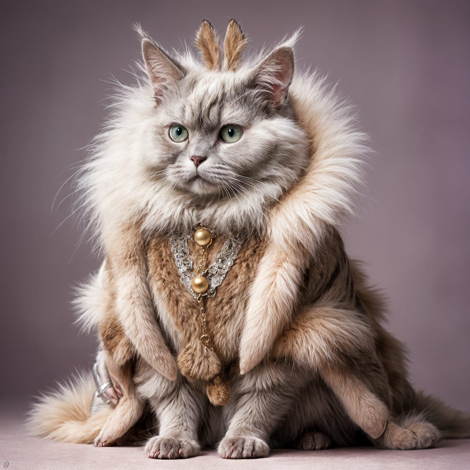 Crowned Hairless Cat in Rabbit-Fur Coat