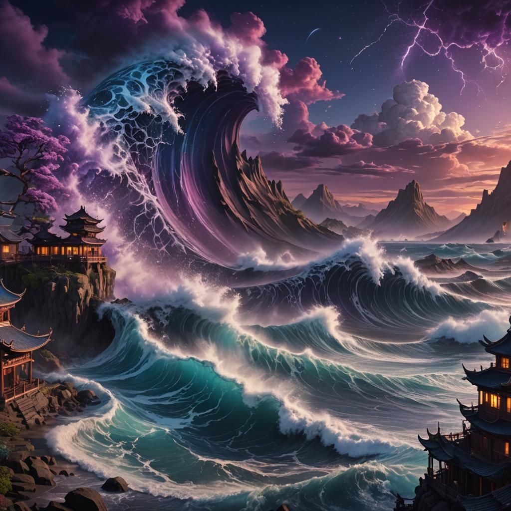 Night Tsunami Under Purple Sky: Fantasy Concept Art